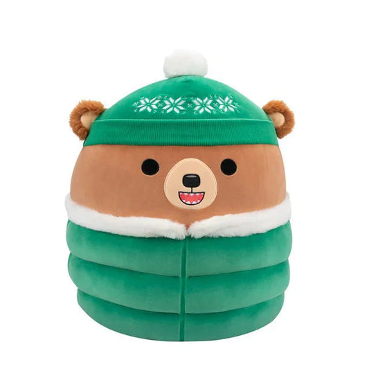 Squishmallow 8 Inch Stokely the Bear with Green Puffer Jacket Christmas Plush Toy - Owl & Goose Gifts