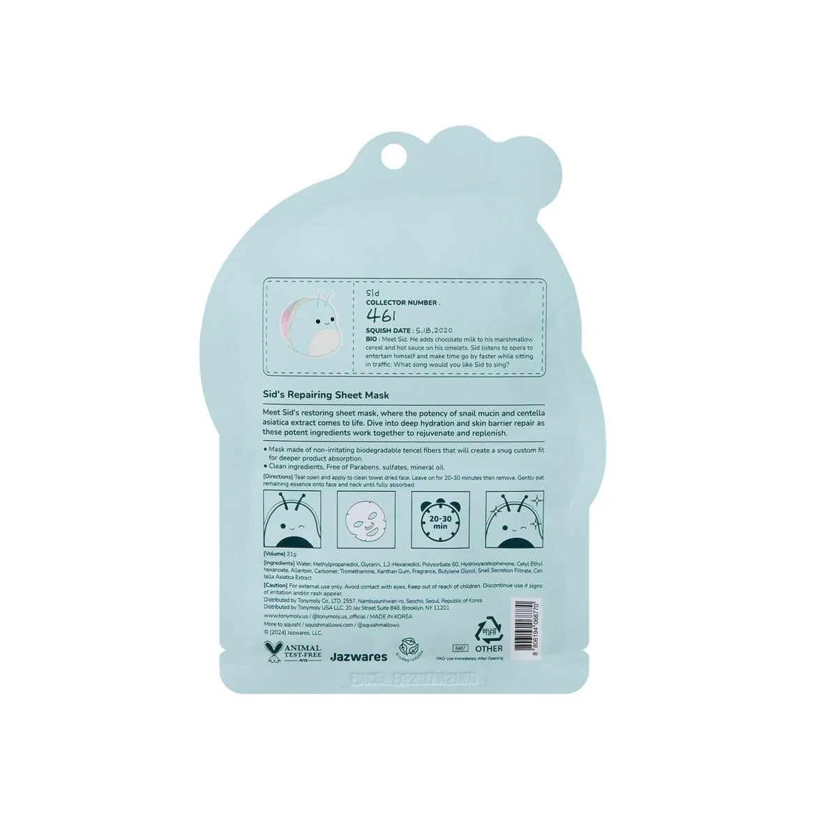Squishmallow X TONYMOLY Sid's Repairing Snail Mucin + CICA Sheet Mask